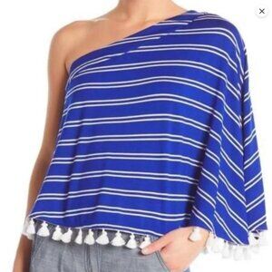 Trina Turk Pomona Off Shoulder Tassel Top - Size Medium - Blue and white Stripe